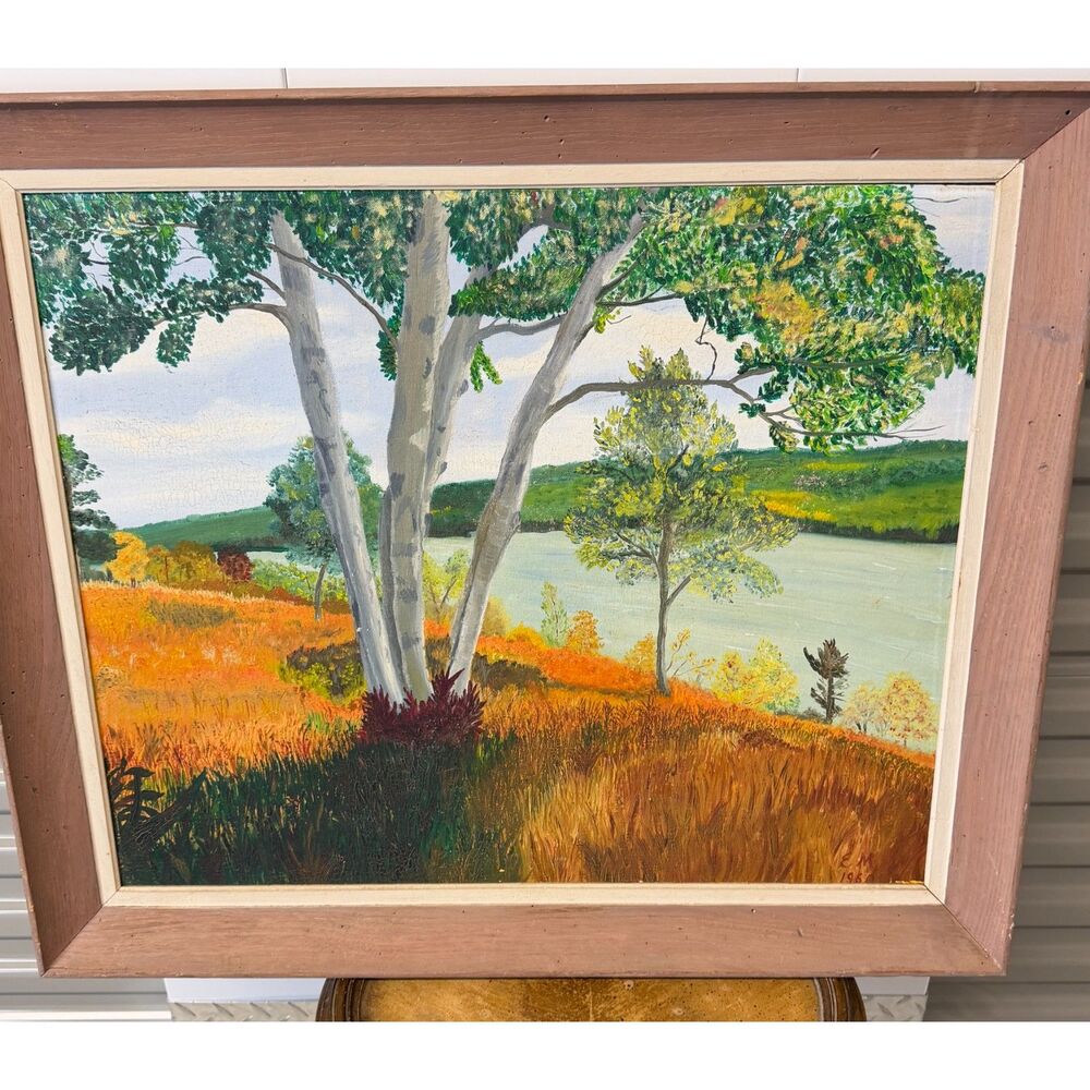 Mid Century Landscape Painting Signed EM 1960s White Birch Lake Scene Framed